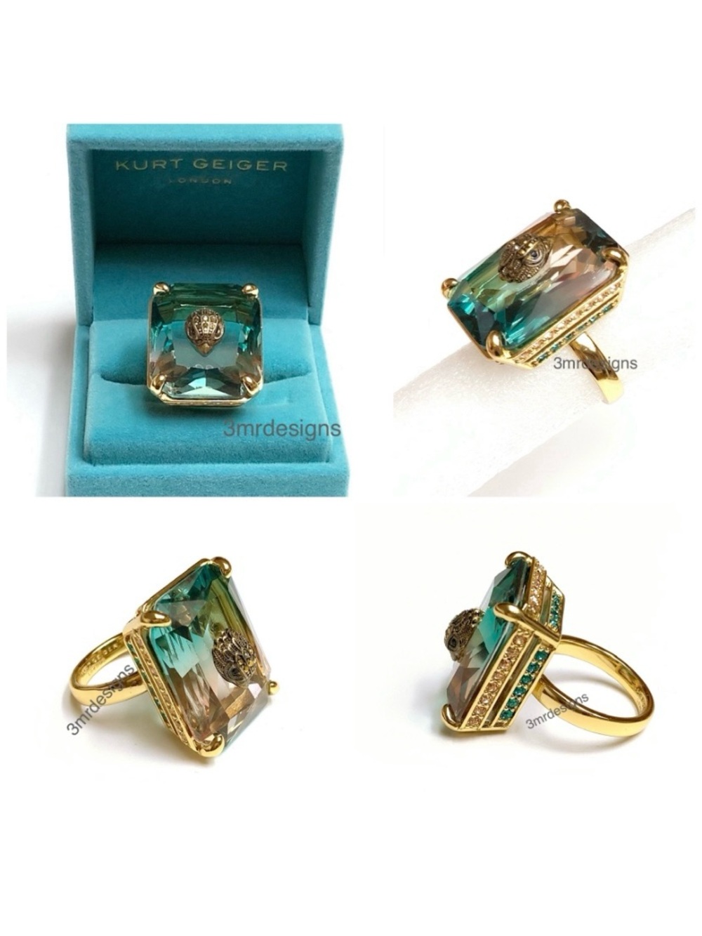 NIB KURT GEIGER LONDON Eagle Head Gold Tone Emerald-Cut Ombré Green/Pink Glass C